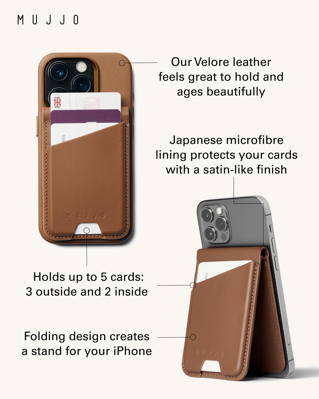 Mujjo Magsafe Compatible Leather Wallet Stand - Tan