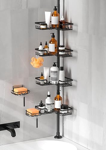 KEGII Barra de tensión de esquina para regadera, estantes organizadores de baño ajustables de 4 niveles con 2 soportes para jabón y maquinilla de