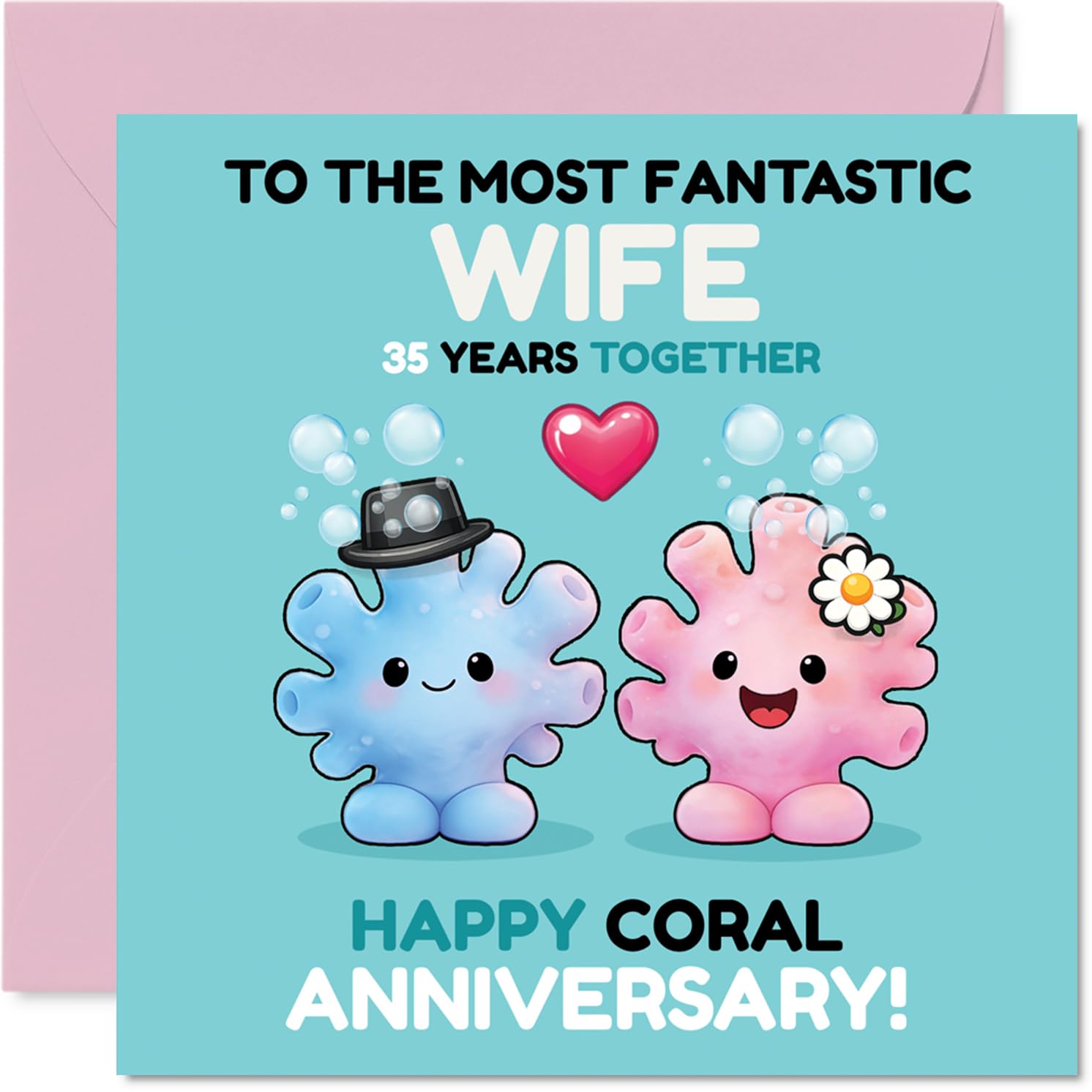 Cute 35th Anniversary Card for Wife - Bursting with Joy - Adorable Coral Characters Celebrate 35 Years Together - 145mm Square, Envelope Included