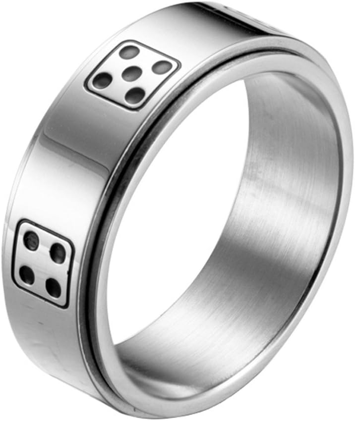 Mens Stainless Steel Lucky Spinner Ring Retro Dice Pattern Wedding Bands 8mm Silver,Gold,Black