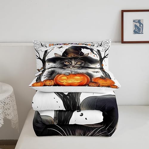 Miniatura 5 de Juego de ropa de cama de Halloween tamaño Queen, lindo juego de edredón con temática de truco o trato, juego de edredón de calabaza de Halloween,