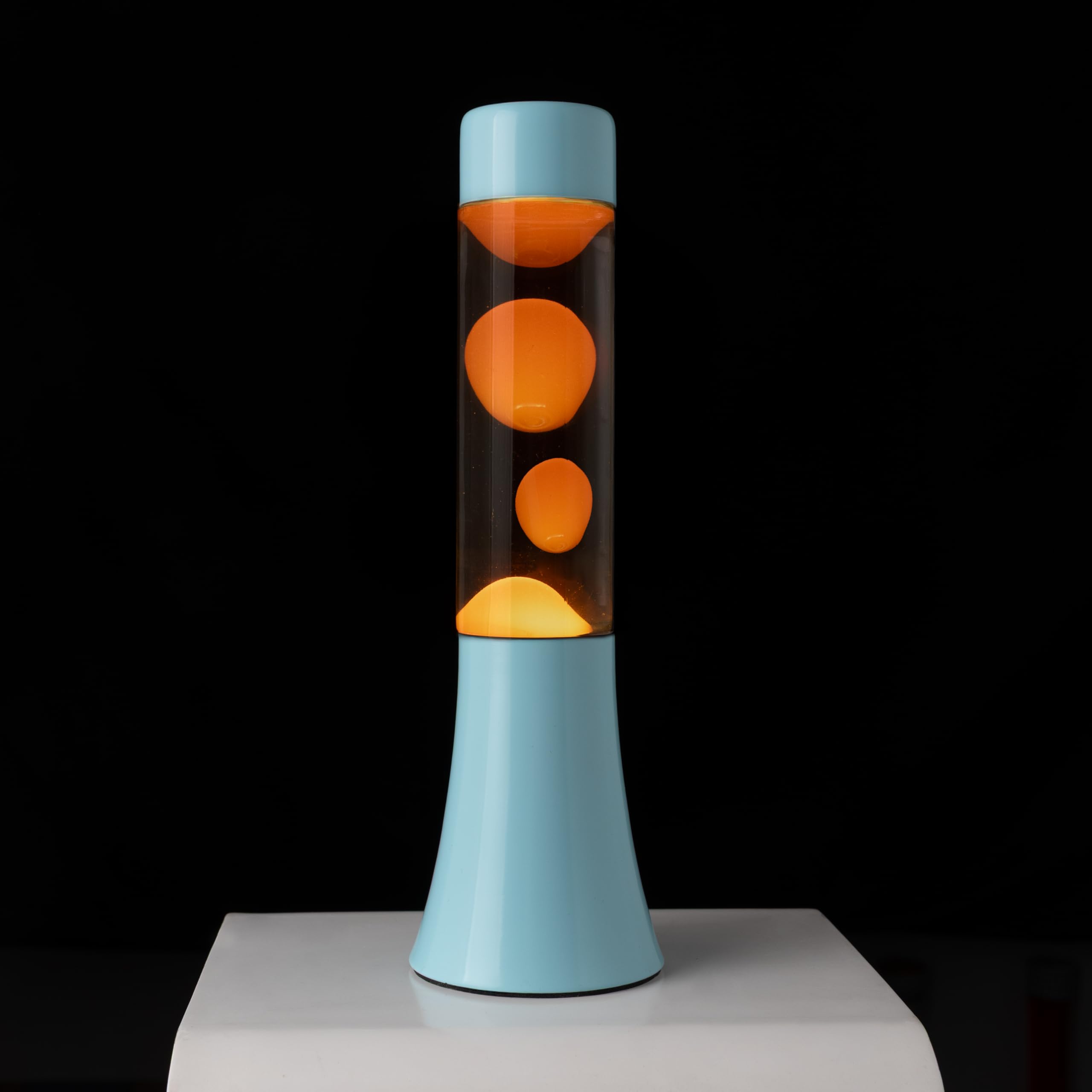 Fisura - Lámpara de lava azul y naranja de 30 cm. Lámpara decorativa relajante. Diseño original para hogar. Regalo original retro. Base azul y líquido naranja. 9x9x30 centímetros.