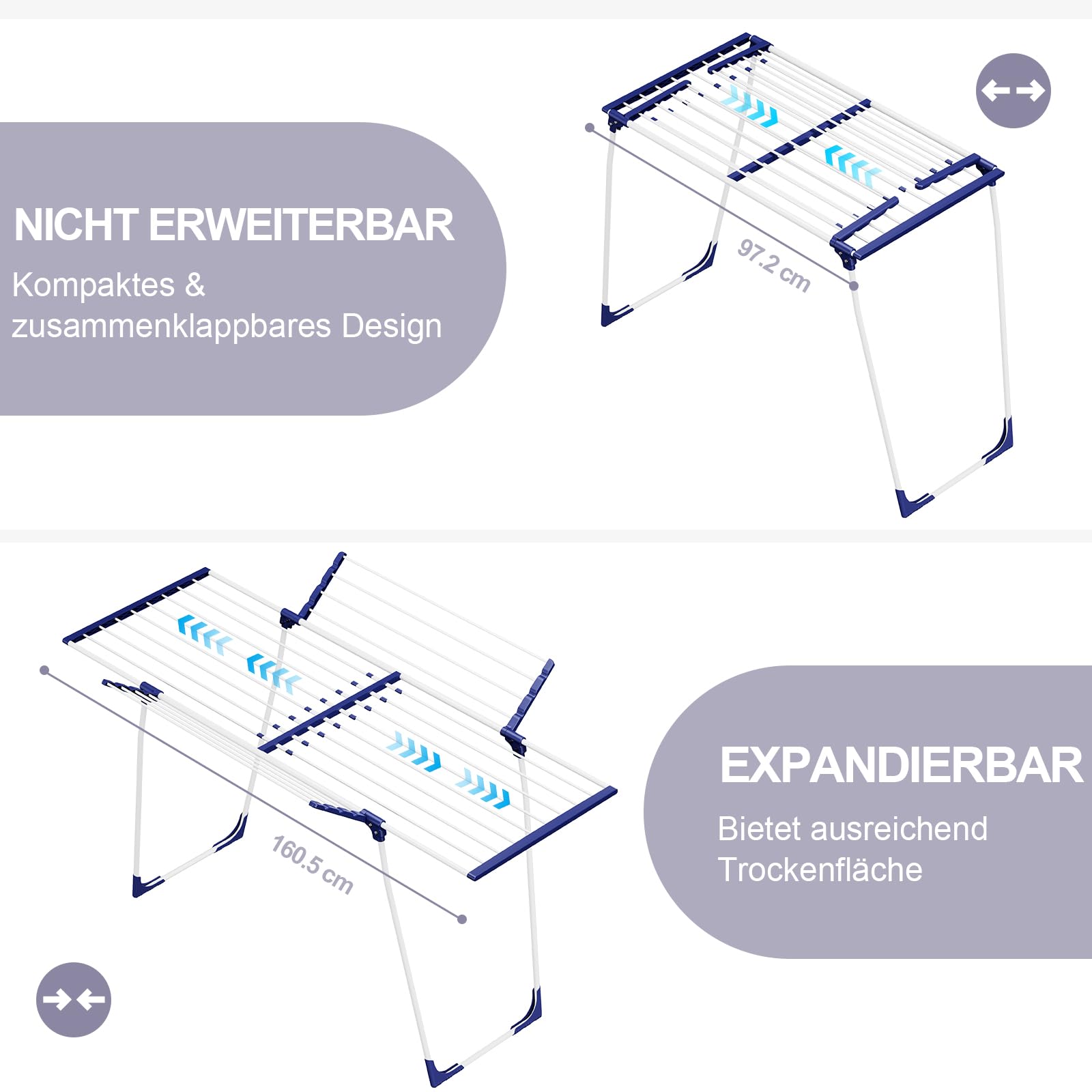 SYKIARIOL Wäscheständer, Flügelwäschetrockner, Standtrockner mit Flügeln, Ausziehbarer Klappbarer Wäscheständer Platzsparend und Leicht zu Verstauen, Für Kleidung und Handtücher Geeignet