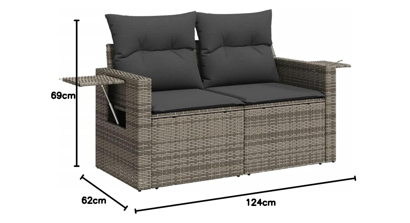 Divano da Giardino 2 Posti con Cuscini, in Polyrattan Grigio e Acciaio, Design Moderno con Tavolino Integrato e Vano Portaoggetti, Set Giardino Esterno, Salotto da Giardino,Grigio, 124 x 62 x 69 cm