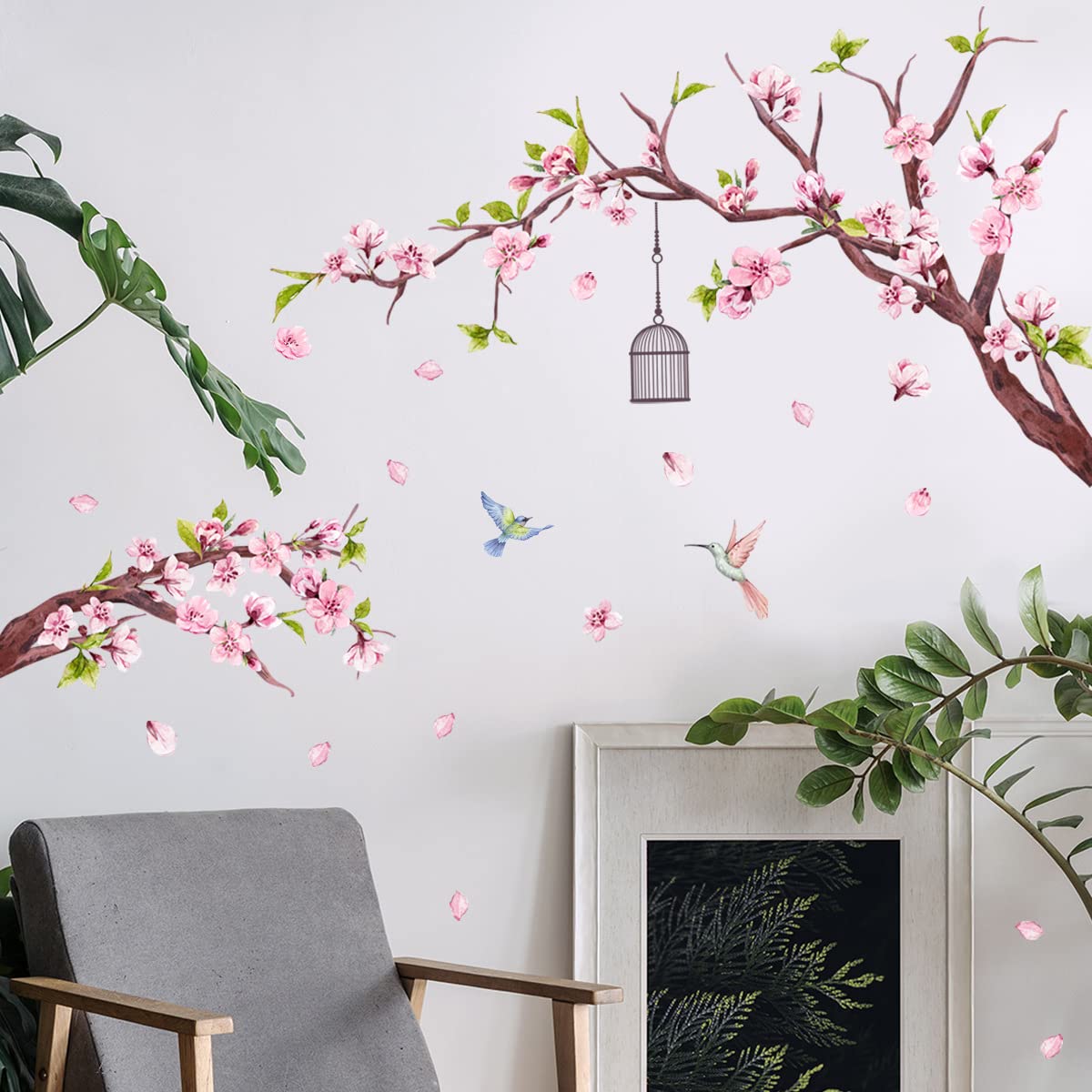 Peach Blossom & Birds Wall Decals – Removable Tree Branch Wall Stickers, 8 Sheets 12x18 Inch For Bedroom & Living Room - View #2