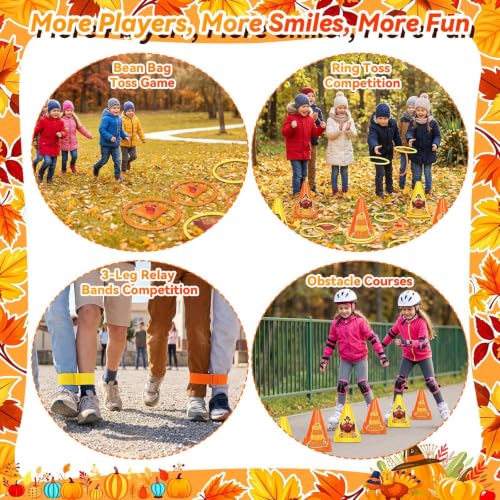 Image of Fennoral 4 in 1Thanksgiving Carnival Game Set for Kids | Turkey Ring Toss & Bean Bag Toss Game with 3-Legged Race Bands,Fall Harvest Indoor Outdoor Backyard Party Family Activities