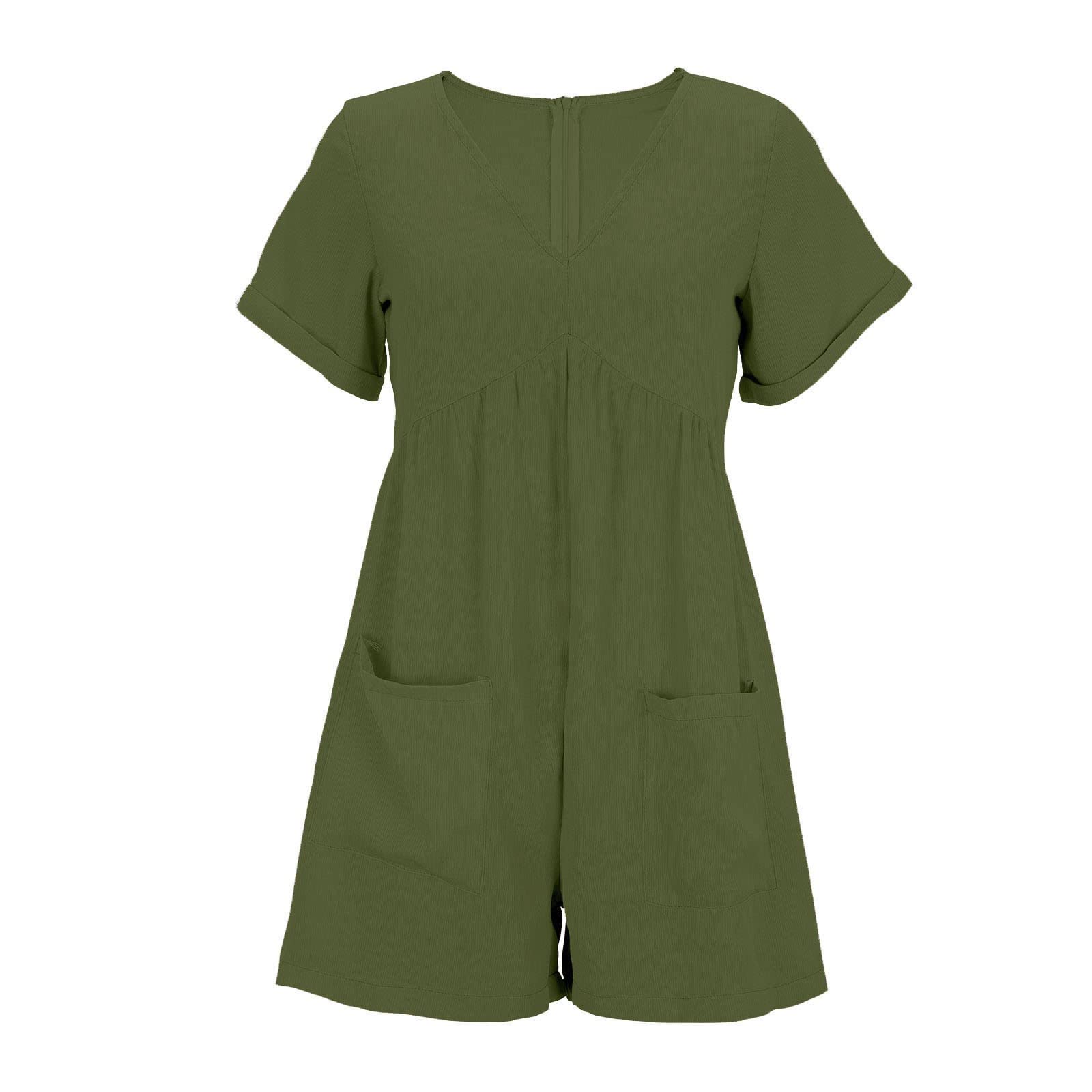 Combinaison courte en lin pour femme - Col en V - Manches courtes - Avec