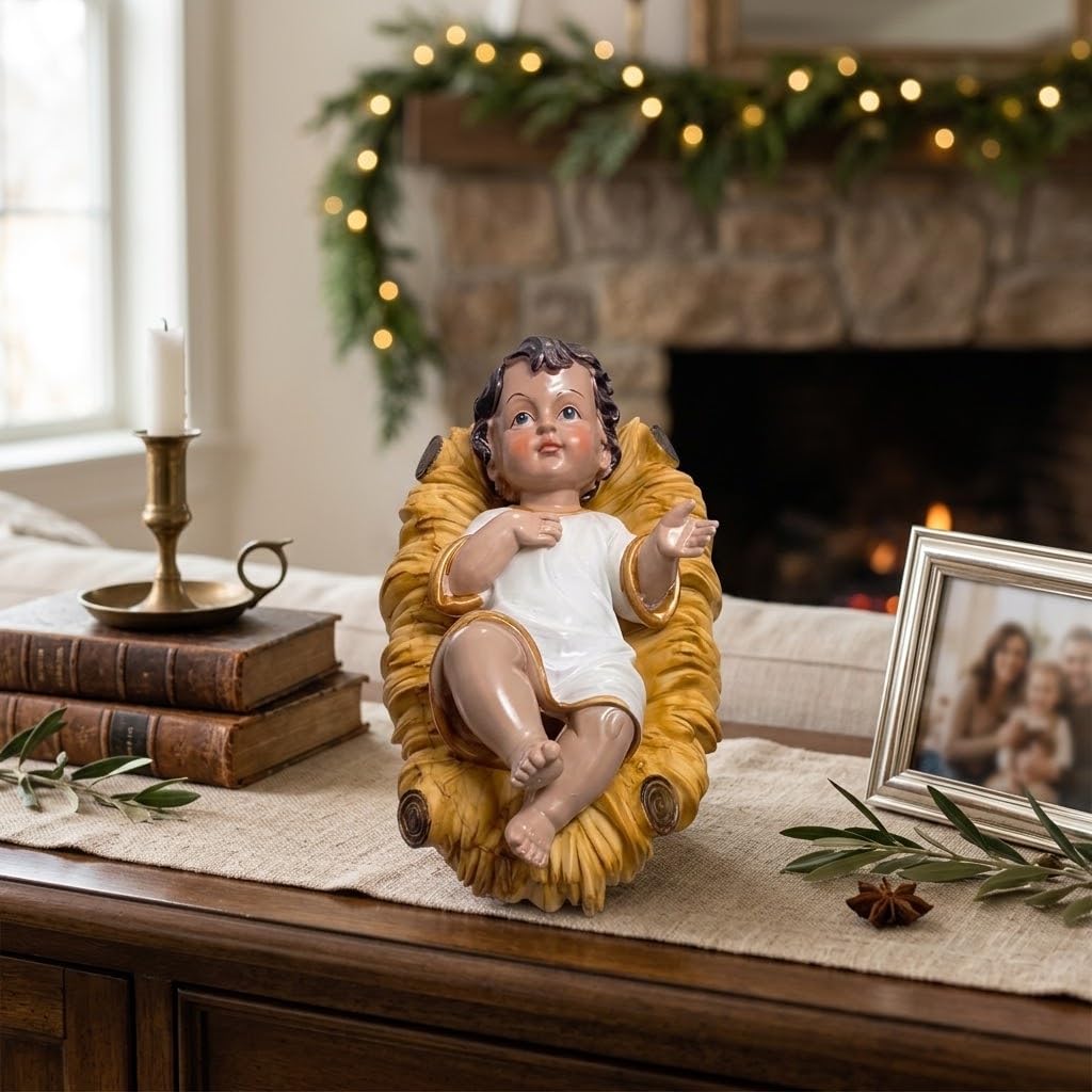 Gesù Bambino Con Culla VESTITO Grande cm 31x20x16 in Poliresina per Presepe