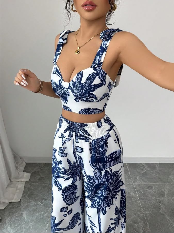 THLAI Summer Women 2 Piece Outfits Print V-Neck Cami Crop Top and Smocked Wide Leg Pants Set Vacation Outfits - Image 3