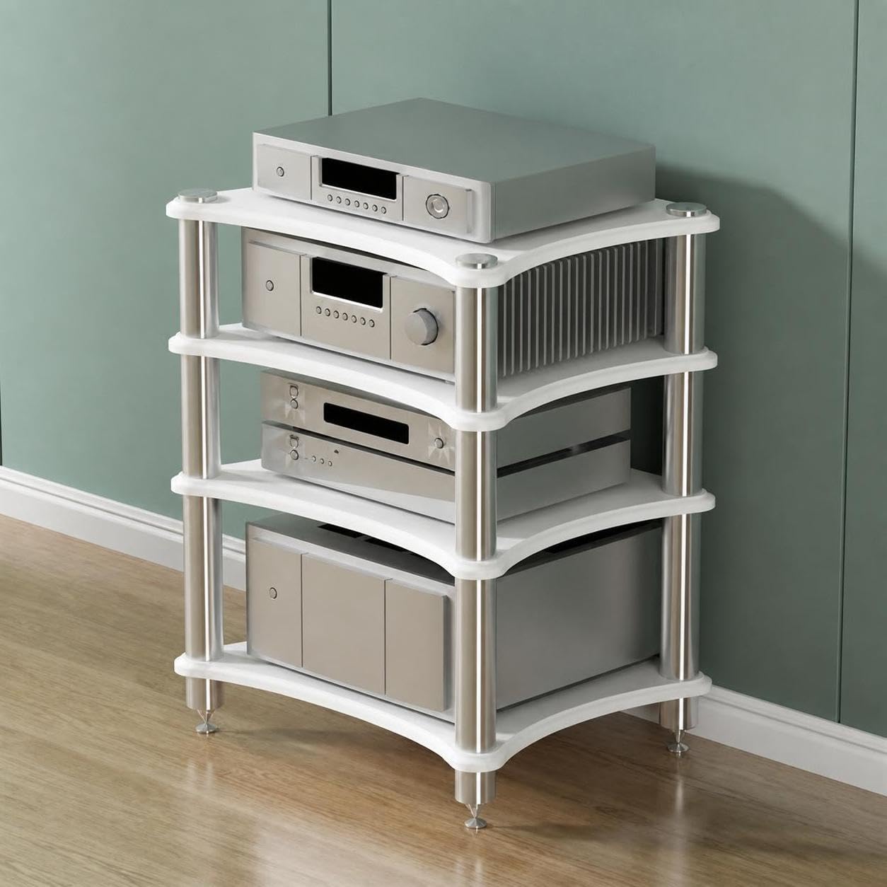 Mueble para Equipo de Audio para Amplificador y Altavoces, Soporte Estéreo con Puntas de Pie Amortiguadoras (Blanco, 4 Niveles)