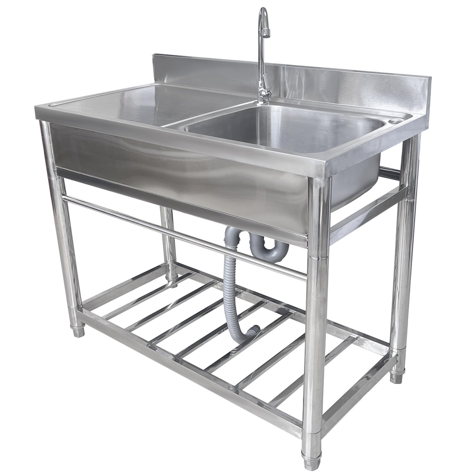 Fregadero de acero inoxidable, fregadero pequeño de pie con 1 compartimento con grifo y patas de banco de trabajo, fregaderos comerciales de un solo tazón para garaje, restaurante, lavandería