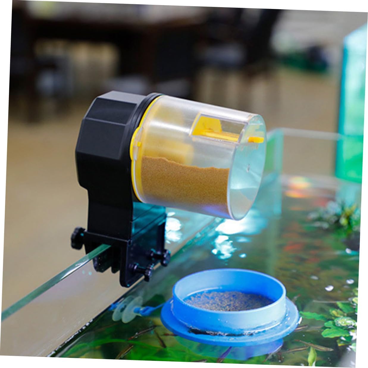 YARNOW Automatic Fish Feeder for Aquarium and Turtle Tank, Adjustable Timer Feeding Tool with Large-Capacity Yellow Feeding Tank, Suitable for Vacation and Small Aquariums