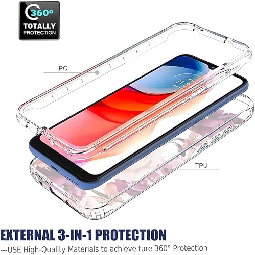 Miniatura 3 de Funda para Moto G Play 2021, XT2093DL con protector de pantalla de vidrio templado, cuerpo completo, diseño floral a prueba de golpes, funda