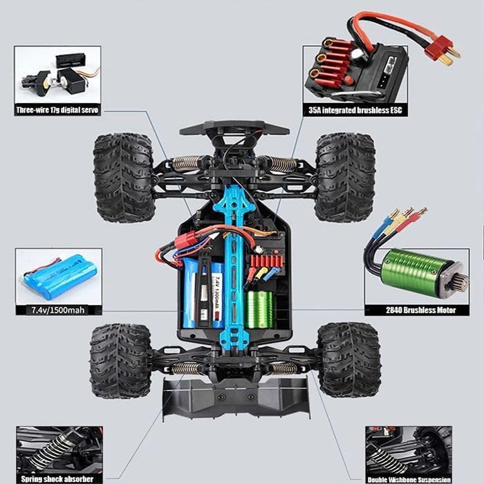 Pihura 1:14 Scale RC Cars 4WD Brushless Remote Control Car Fast 75KM/H High Speed RC Truck for Adults Boys 2.4GHz All Terrains Off-Road Drift RC Monster Trucks with 2 Batteries (RED) 3