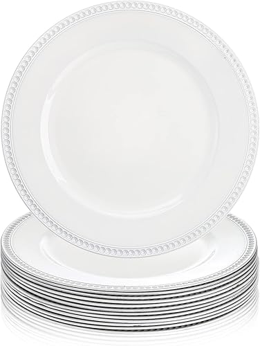 Okllen Paquete de 12 platos de carga redondos de plástico, cargadores de cena de 13 pulgadas, platos decorativos con borde de cuentas, platos de