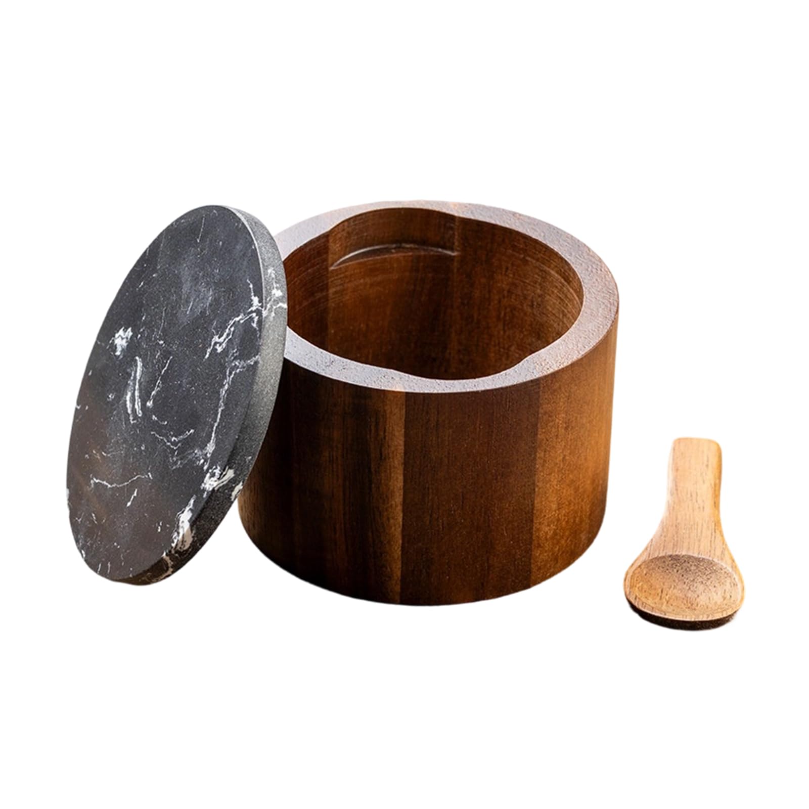 Zxfdsfdbnm Modern Wooden Condiment Holder Featuring Marble Seal and Integrated Spoon for Seasoning Wooden Salt Jar with Spoon