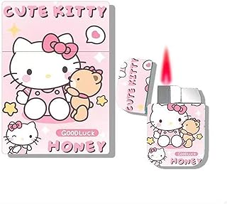 Cigarette case 20 Packs with Lighter Hello Kitty Lighter can be inflated, Gas Lighter Pink Flash Flame Pocket Lighter can be inflated Kawaii Cute Windproof Ladies Lighter (Color : B)