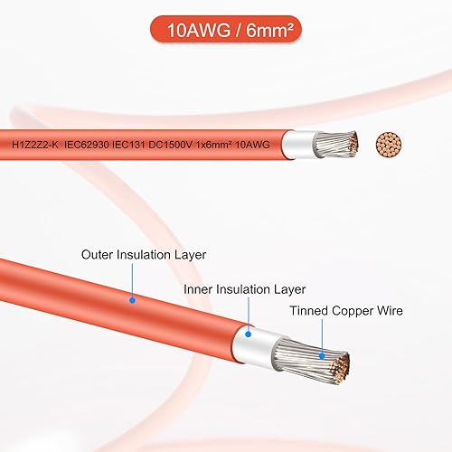 Miniatura 3 de MECCANIXITY Cable de panel solar de 98 pies, 10 AWG 6 mm2, cable de cobre estañado, rojo para RV, barco, panel solar marino