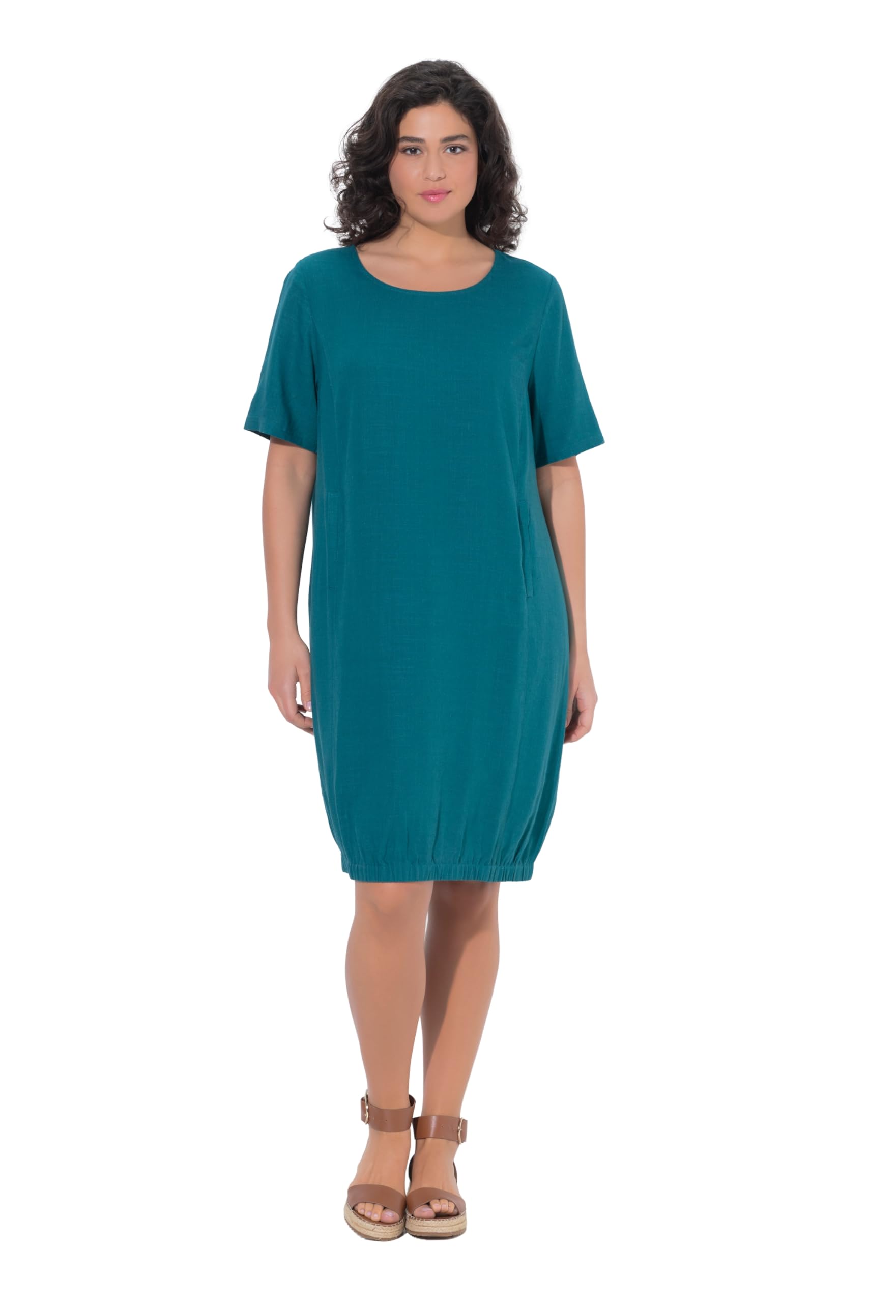 Ulla Popken Damen große Größen Übergrößen Plus Size Leinenmix-Kleid, A-Linie, Rundhals, Halbarm, Taschen 848358