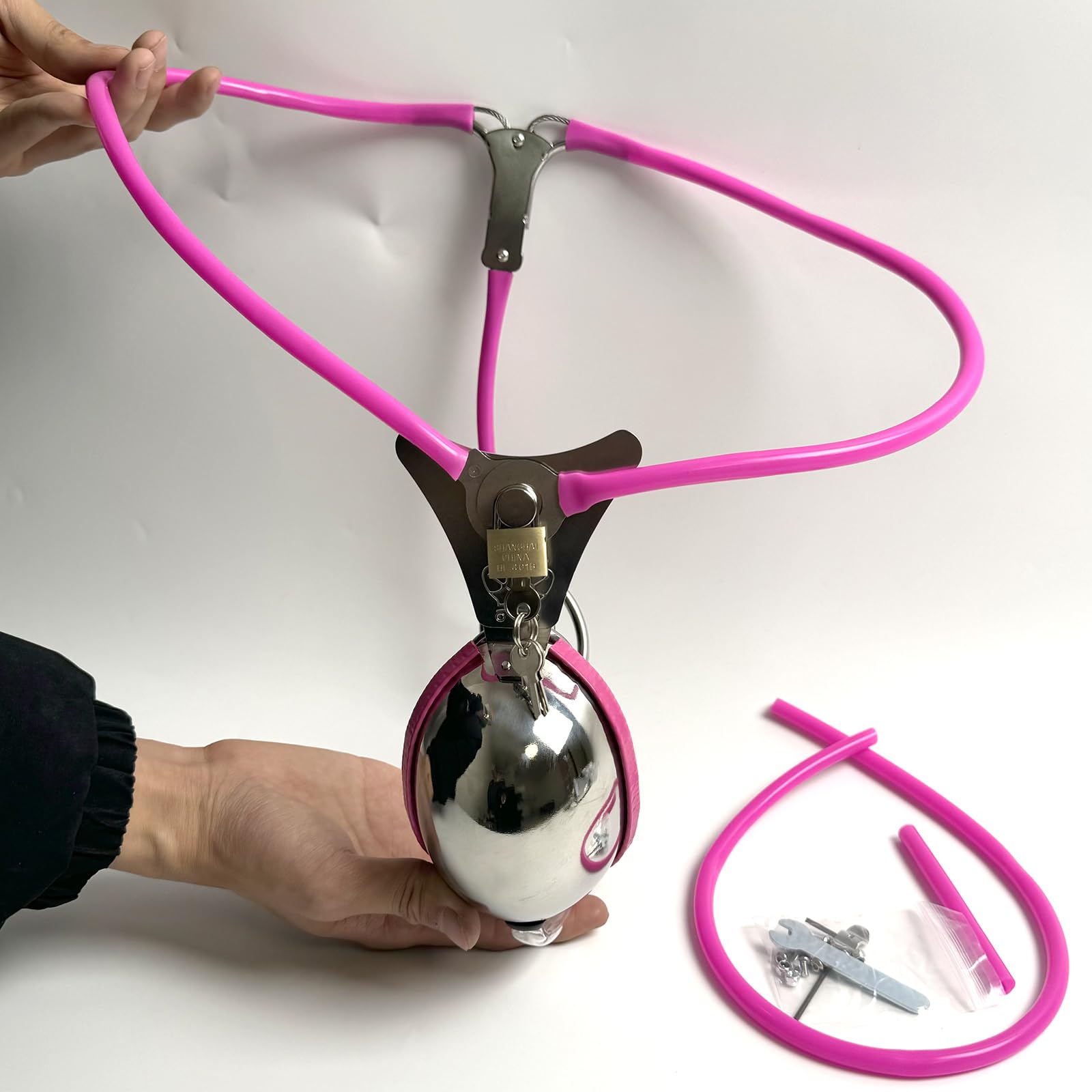 YILUQIFLY Ceinture de chasteté pour homme Acier inoxydable Verrouillable rose 60-90cm Cage à pénis BDSM