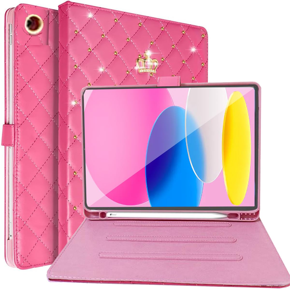 Changjia for iPad 10.2 Case 9th/8th/7th Generation (2021/2020/2019) with Pencil Holder,Cute Crown Bling Diamond Elegant PU Leather Smart Auto Sleep/