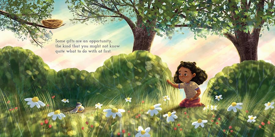 Interior illustration of Each Day is a Gift by Lisl H. Detlefsen, Illustrated by Natalia Vasilica, featuring a brown-skinned child with long dark curly hair kneeling in a field full of grass and flowers; across from her, a young robin has fallen to the ground from a bird's nest, visible on a tree limb above.