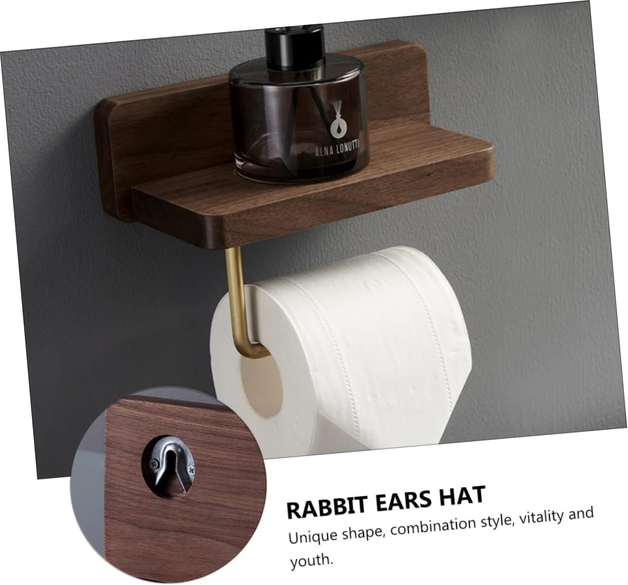 LIFKOME 1pc Multipurpose Toilet Paper Holder Rack Punching Design Stylish Wood Brass Finish Bathroom Towel Storage for Cell Phones Wet Wipes More Easy to Install