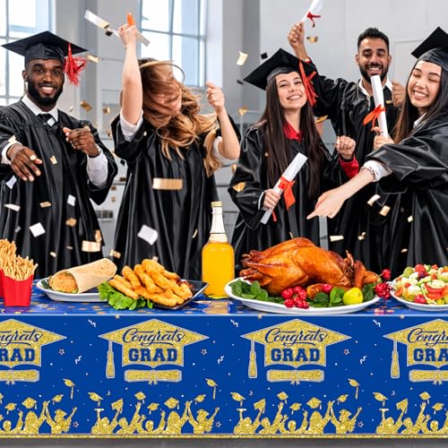 Image of Graduation Decorations 2026-2 Pcs Blue and Gold Gongrats Grad Tablecover for Graduation Party Decorations, Class Blue Plastic Table Covers 54 inchx108 inch