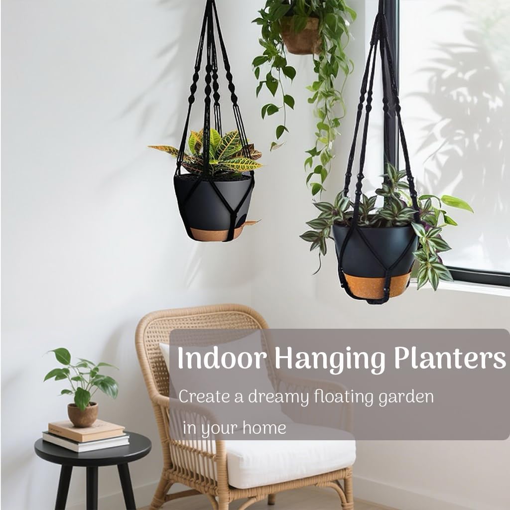 Bouqlife 3 Pack Self Watering Hanging Planters Macrame Plant Hangers with Indoor Flower Pots 10" / 8" / 7", 3 Different Size Hanging Basket, Plant Hanger with Hooks for Garden Home Decor Black Large
