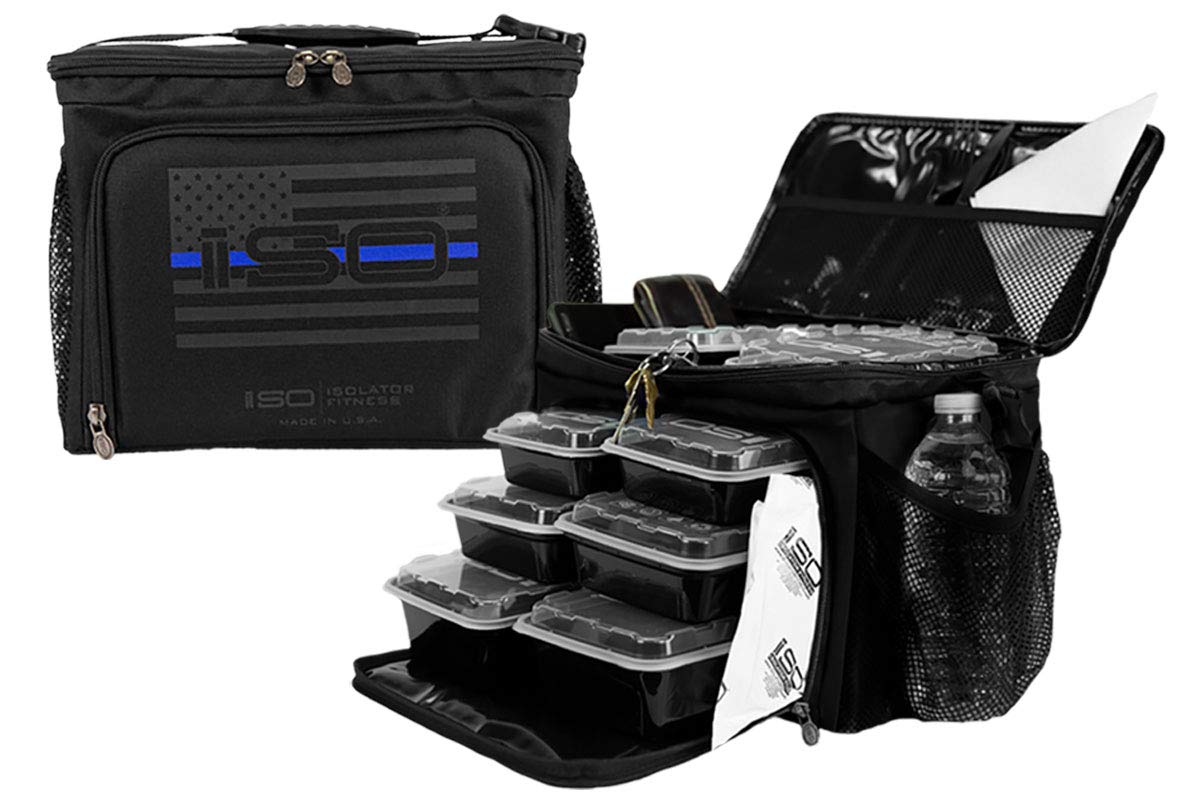 Isolator Fitness Thin Blue Line 6 Meal ISOCUBE Meal Prep Management Insulated Lunch Bag Cooler with 12 Meal Prep Containers, 3 ISOBRICKS, and Shoulder Strap - MADE IN USA