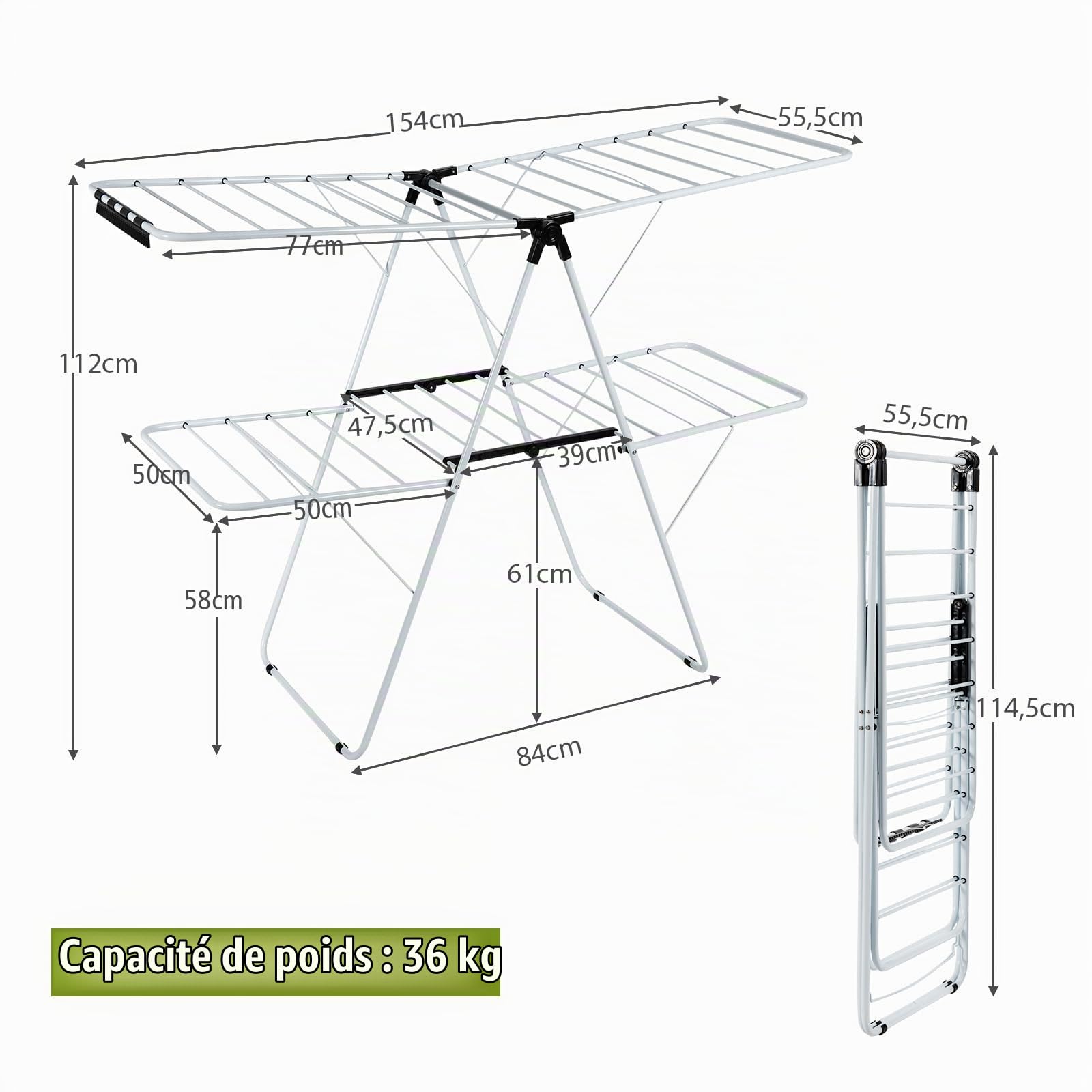 COSTWAY Sechoir à Linge Pliable, Etendoir Linge Interieur en Acier 2 Niveaux, Tancarville Linge Solide avec 33 Barres, 26 Pinces à Chaussettes, Seche Linge Intérieur Extérieur