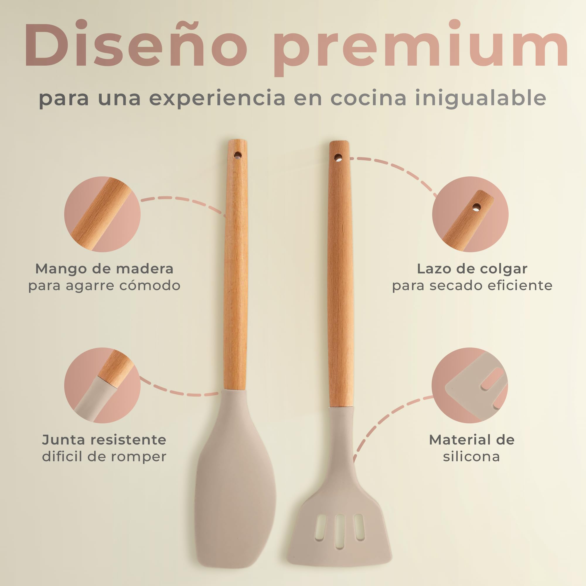 JUPPLIES Juego de Utensilios de Cocina de Silicona 12 Piezas con Mangos de Madera y Soporte Organizador – Set Antiadherente Resistente al Calor – Apto para Todas Las Ollas y Sartenes - Marrón — view 4