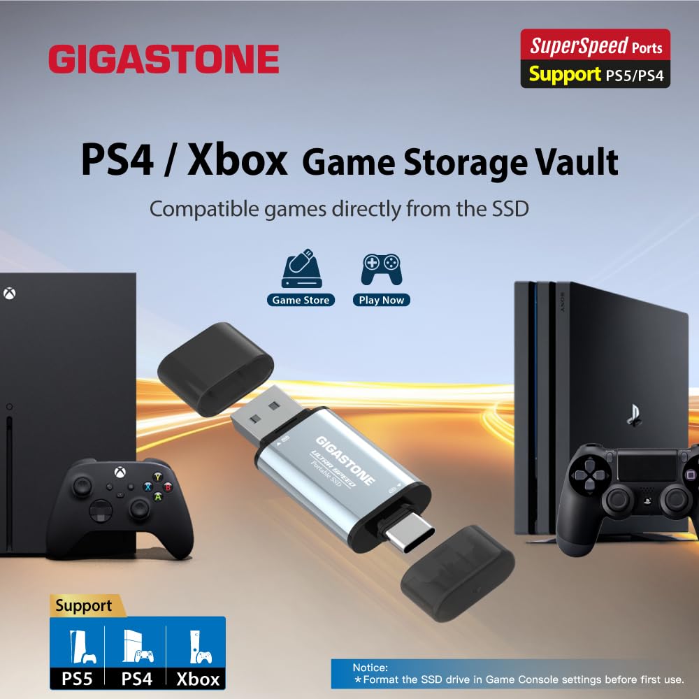 GIGASTONE Disco duro externo SSD 512 GB (2 unidades) USB A+C hasta 500 MB/s para PS5 iPhone16 4K 60 fps ProRes USB3.2 Gen2 - Disco duro portátil para MacBook iPad PlayStation Xbox Duo Go
