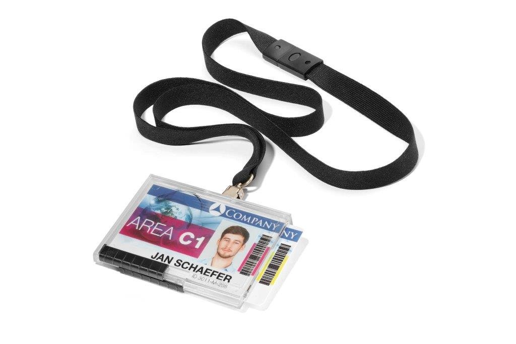 Durable - Porte-badge de sécurité rigide Push Box - Avec tour de cou SOFT noir - Pour 2 cartes - Format 54 x 87 mm - Boite de 10 - 892601