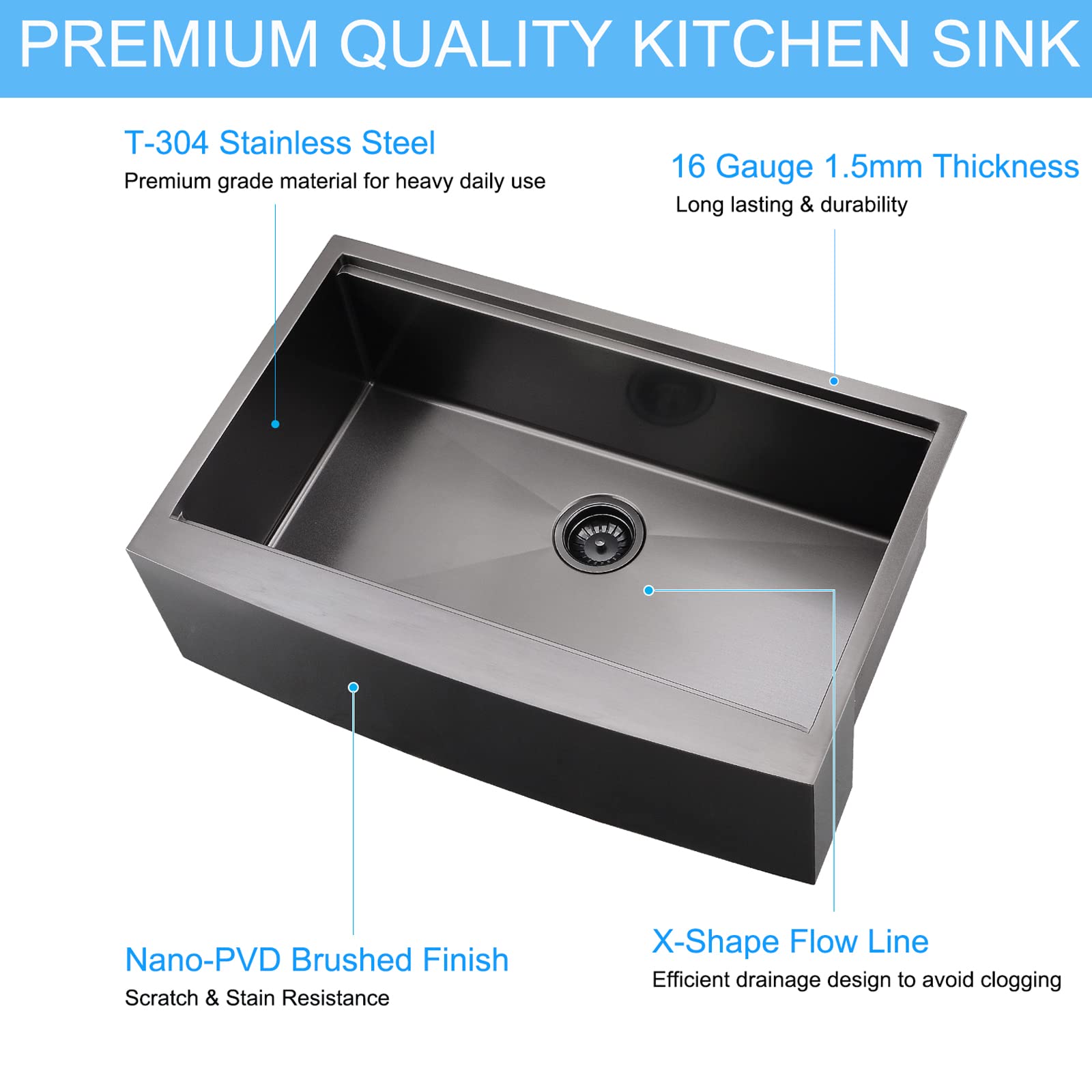 y*iFTWO（FNTC ）BLACK DECK 157 W Loftus 33 Inch Matte Black Apron Front Workstation Sink