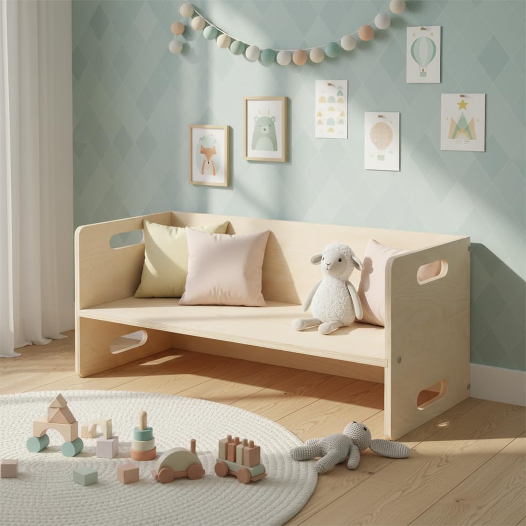 Bellabino Aki Kindersitzbank - 2in1 Kinderbank/Kindertisch aus Holz Natur - Montessori Wendebank für Kinderzimmer - multifunktionaler Kinderhocker mit 3 Sitzhöhen aus Birke - Hocker 80 x 35 x 35 cm