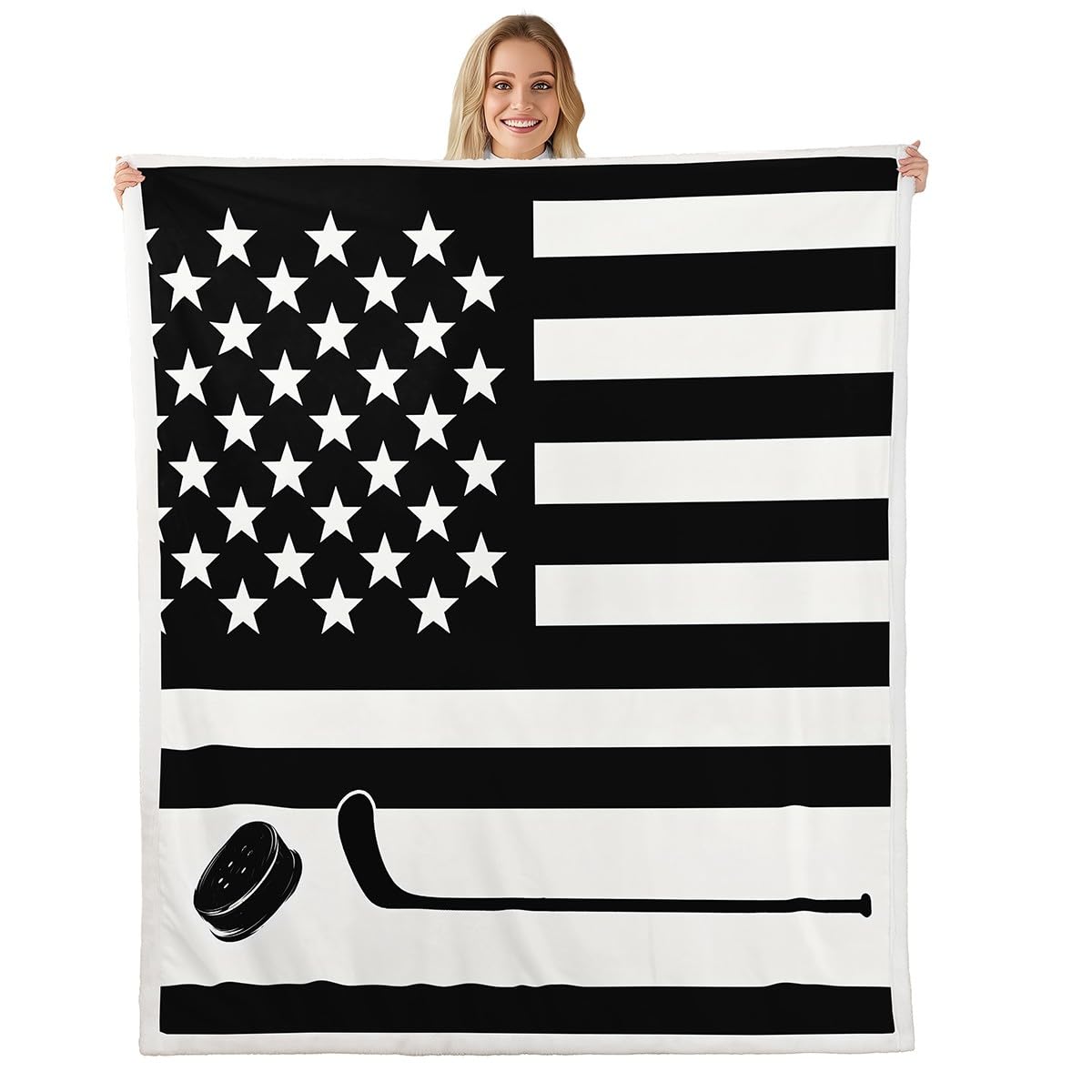 Couverture polaire haut de gamme motif géométrique noir et blanc, pelucheuse et confortable