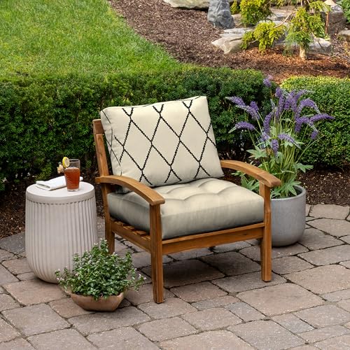Image of Arden Outdoor Plush Modern Tufted Blowfill Deep Seat Set, 24 x 24, Rain-Proof, Fade Resistant, Deep Seat Bottom and Back Cushion, Tan Diamond Trellis