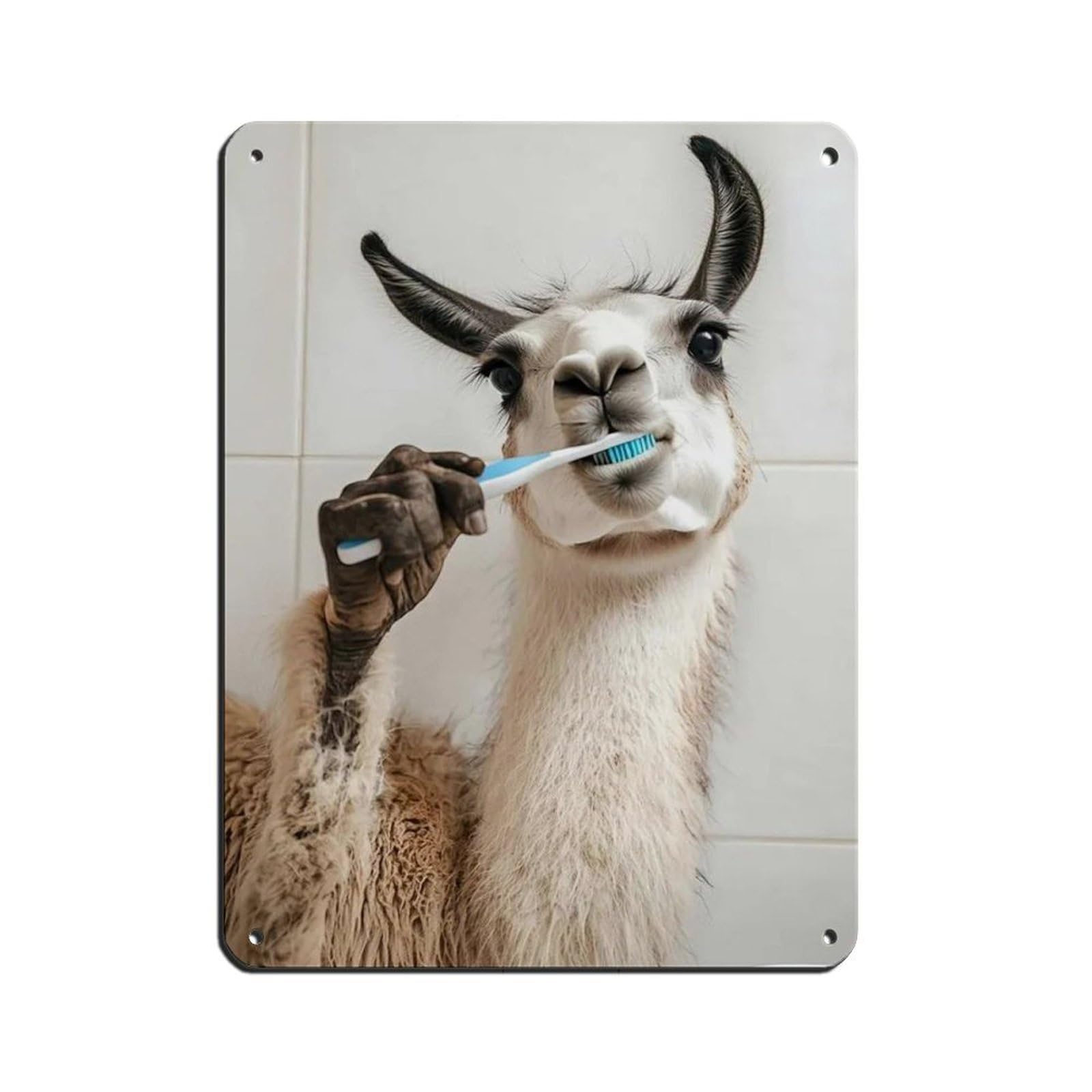 Llama Brushing Teeth, Funny Bathroom Art Tin Sign Vintage Metal Pub Club Cafe Bar Home Wall Art Decoration Poster Retro 12x16inch(30x40cm)