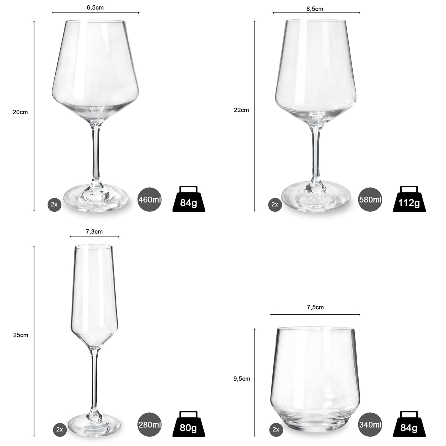 Moritz Juego de 8 copas de vino blanco, vino tinto, agua y champán, irrompibles, resistentes a los arañazos