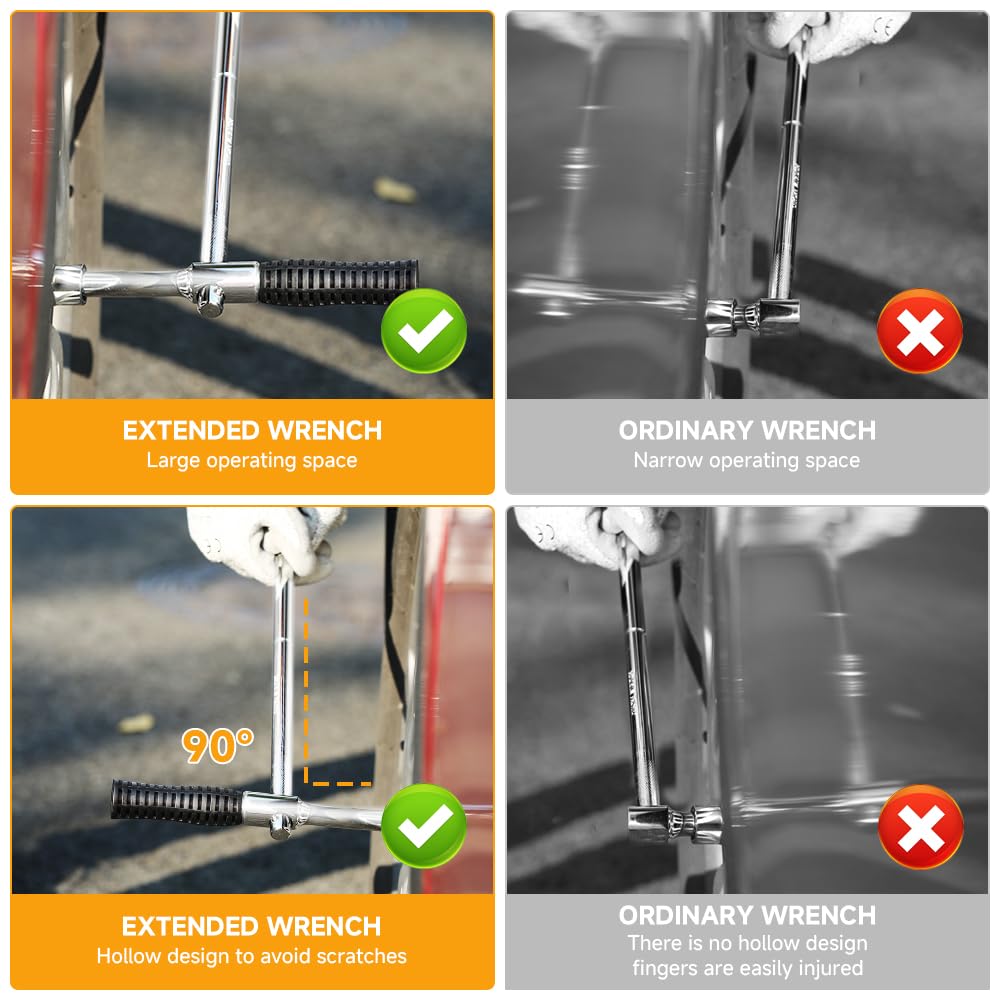 Hoteche Llave combinada para tuercas de rueda, llave cruzada – Varilla CRV, acero al cromo vanadio, 17 x 19 y 21 x 23 tuercas, incluye bolsa de tela Oxford 600D, herramienta profesional de cruz para