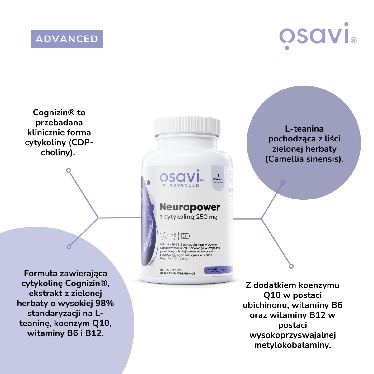 Osavi Neuropower z Cytykoliną 250 mg – 90 wegańskich kapsułek | Wspiera układ nerwowy i zdrowie psychiczne | Z Cognizin® cytykoliną, L-teaniną, koenzymem Q10, B6 i B12 dla jasności umysłu
