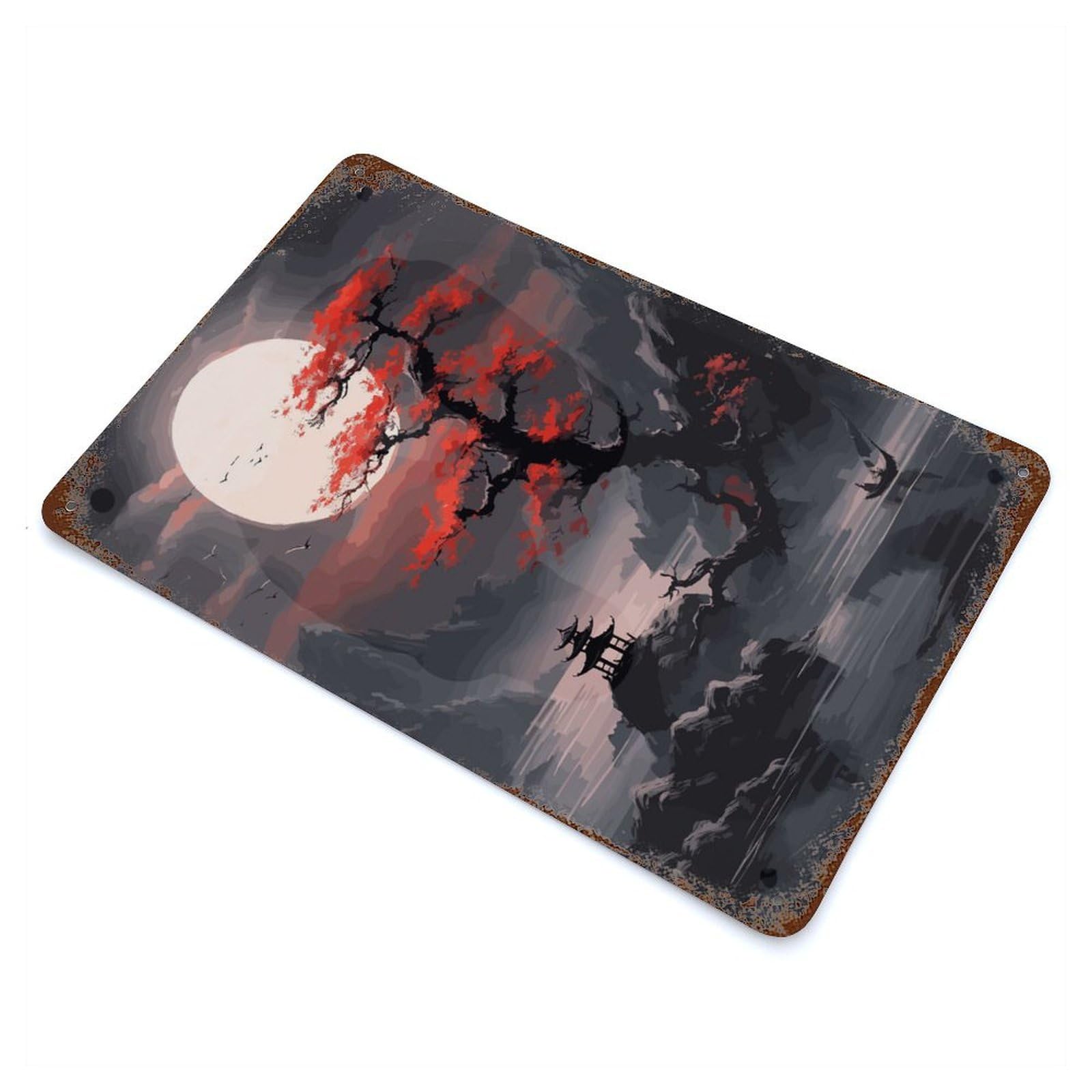 Retro Metal Sign with Moon Japanese Landscape Design 11.8"x7.9", for Office, Studio And Wall Decor, Retro Wall Decor