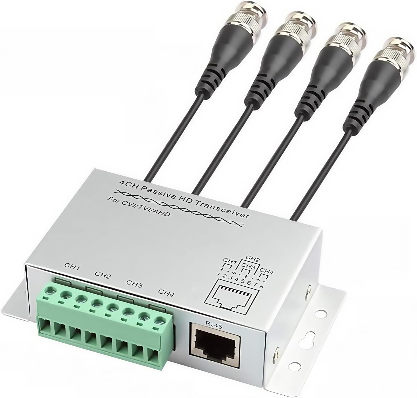 4-CH Passive HD Video Balun Transceiver with BNC Cable - BNC to Cat5/6 RJ45 Converter for 720P/1080P HD-CVI/TVI/AHD CCTV Cameras, 1000ft Transmission