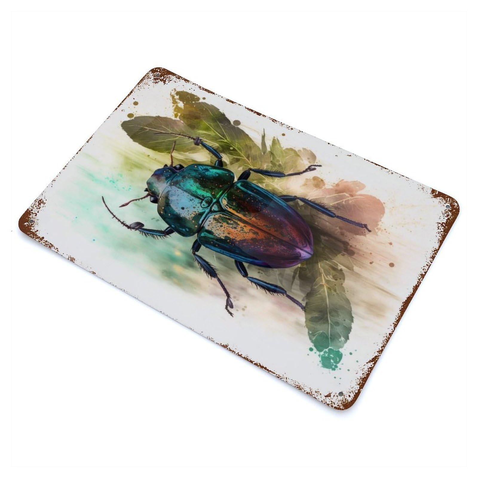 Beetle Beauty Watercolor Vintage Wall Sign 11.8"x7.9", Rust Effect Metal Decor for Cafe, Home Bar And Lounge Decor