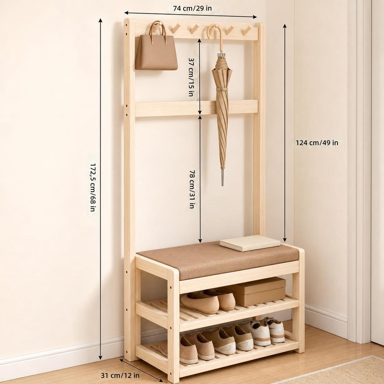 Árbol de recibidor de Madera Maciza, Perchero Independiente 2 en 1 con Banco y Zapatero, Ideal para Abrigos y Sombreros, Organizador de Entrada