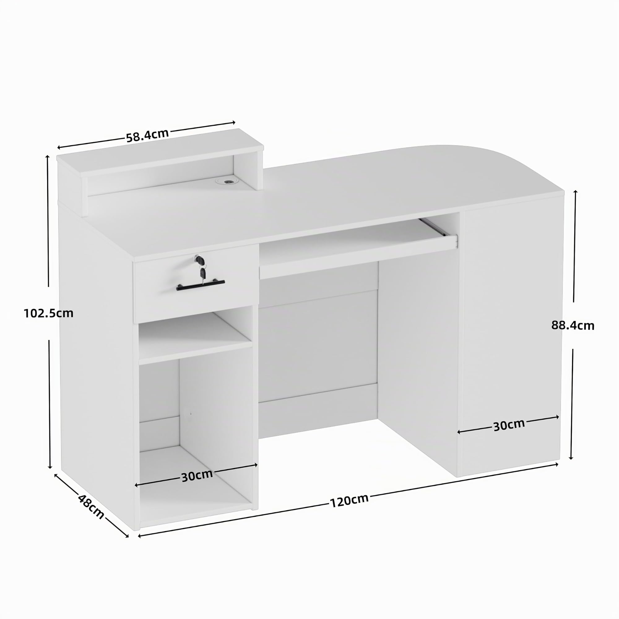 Mesita de recepción con iluminación LED, mostrador de recepción con cajones con cerradura, estante de exposición y bandeja para teclado, mesa de recepción moderna para salón, tienda, hotel, oficina