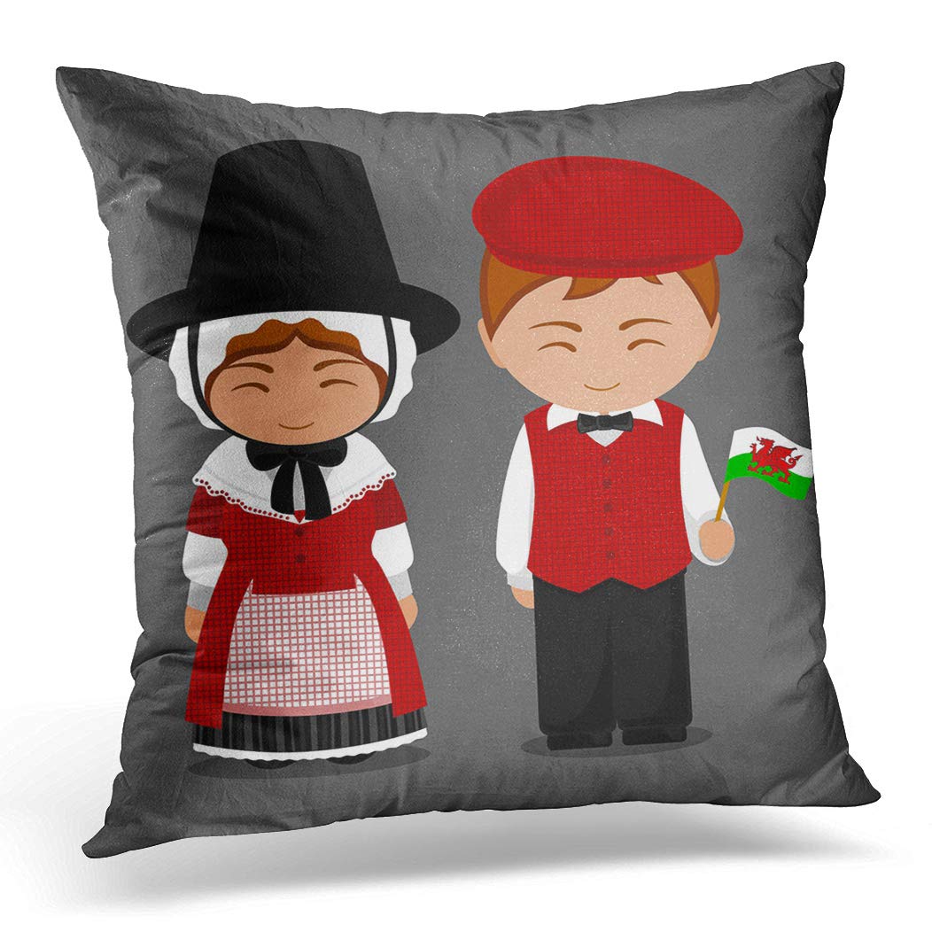 Awowee Cushion Cover 45x45cm/18x18inches Welsh in National Dress Flag Man and Woman Traditional Home Decor Throw Pillow Cover Square Pillowcase for Bed Sofa