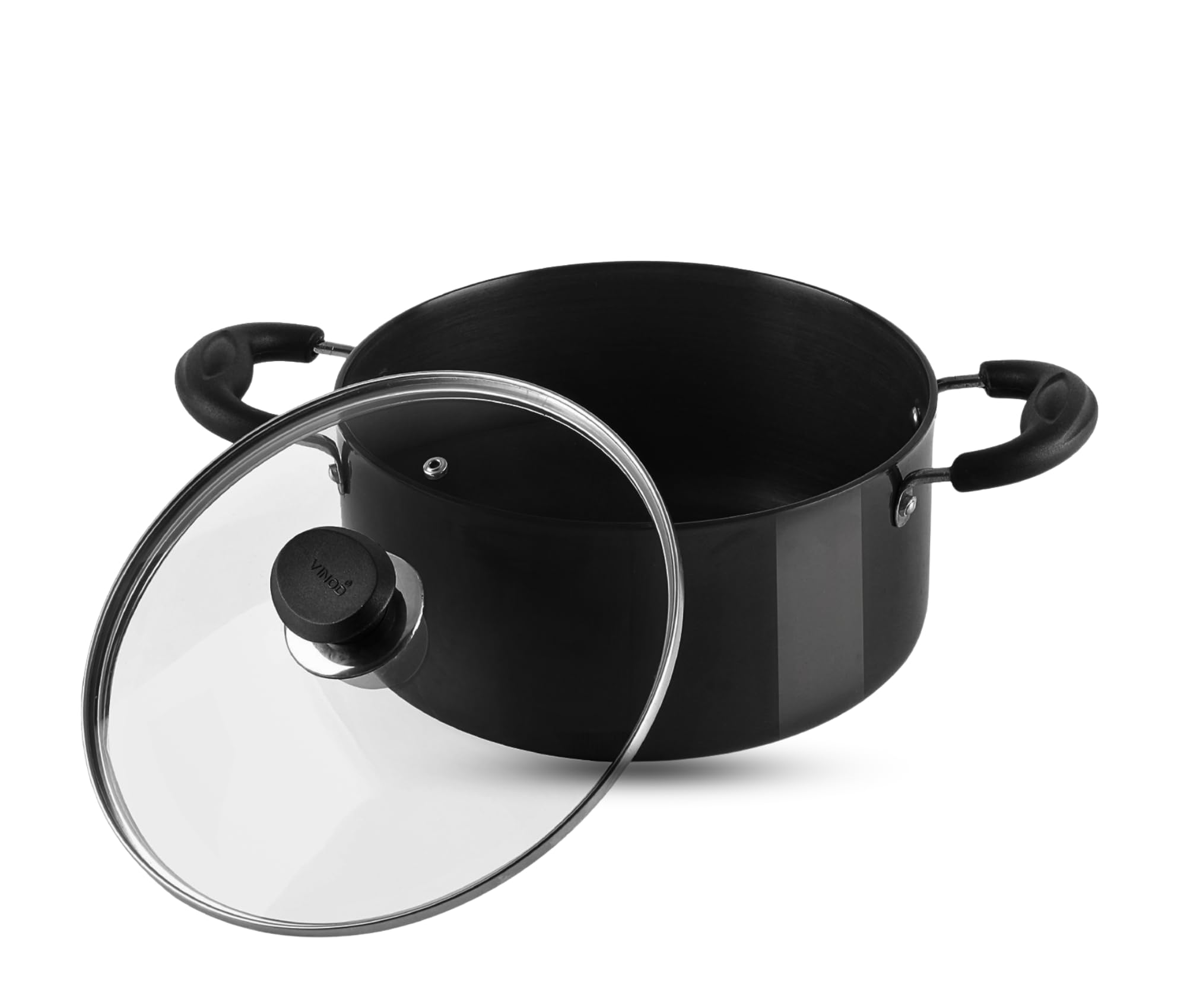 Vinod Black Pearl Hard Anodised Saucepot with Glass Lid 379 oz Capacity 12 inches with Riveted Sturdy Handles - 3.25 mm Thickness, Black (Gas Stove Compatible)