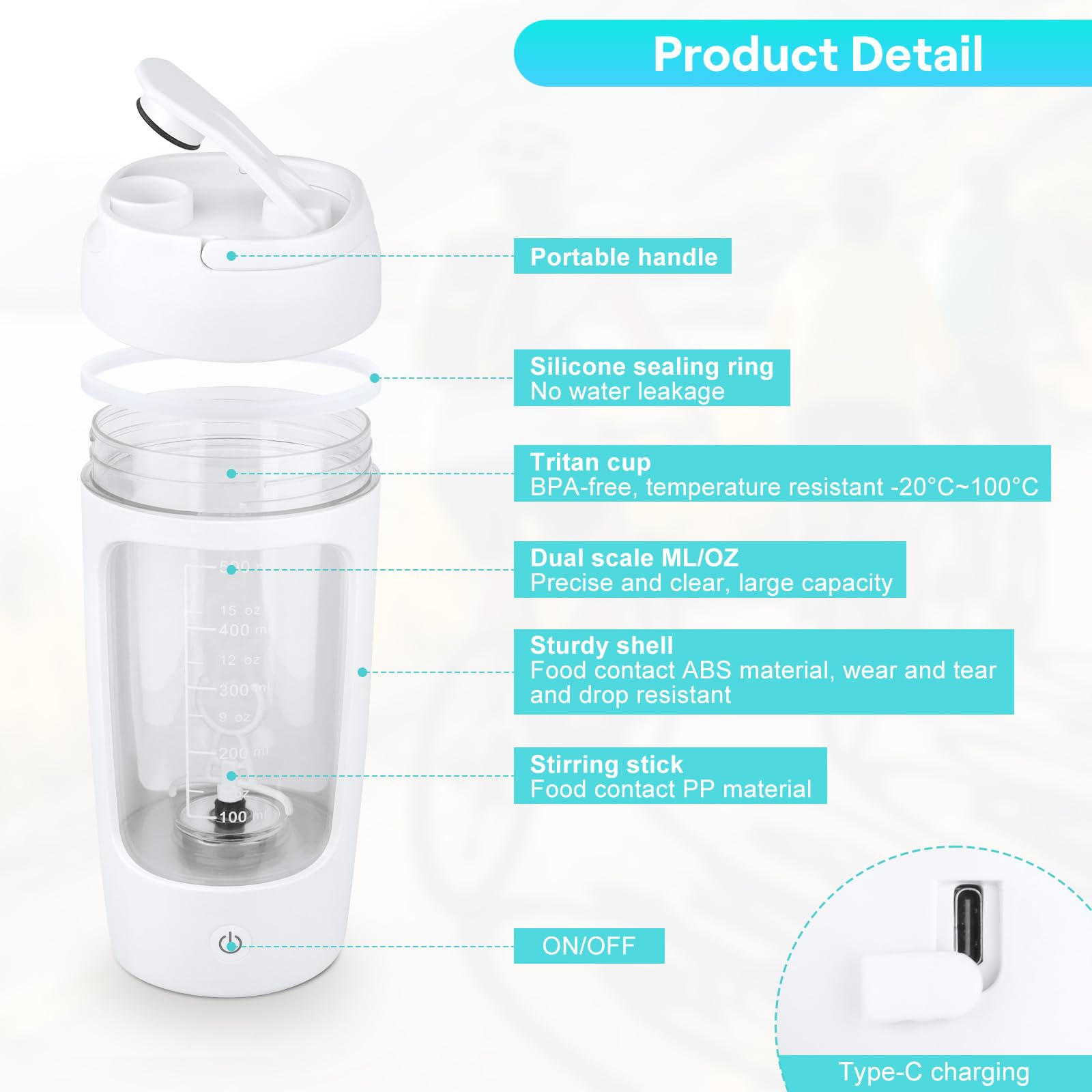 NVIYAM Shaker elettrico 650 ml, shaker per proteine con scomparto per polvere, shaker per proteine USB C, ricaricabile, frullatore elettrico per potein in polvere e frappè, frullato proteico